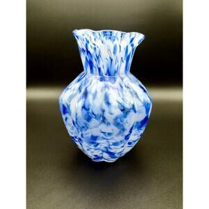 Fenton Style Blue & White Spatter Glass Vase • Vasa Murrhina Art Glass